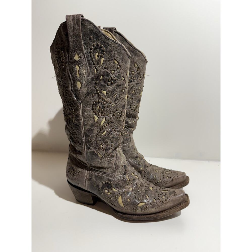Corral Women's Brown Leather Inlay Studded Western Cowgirl Boots A1098 Size 8 M